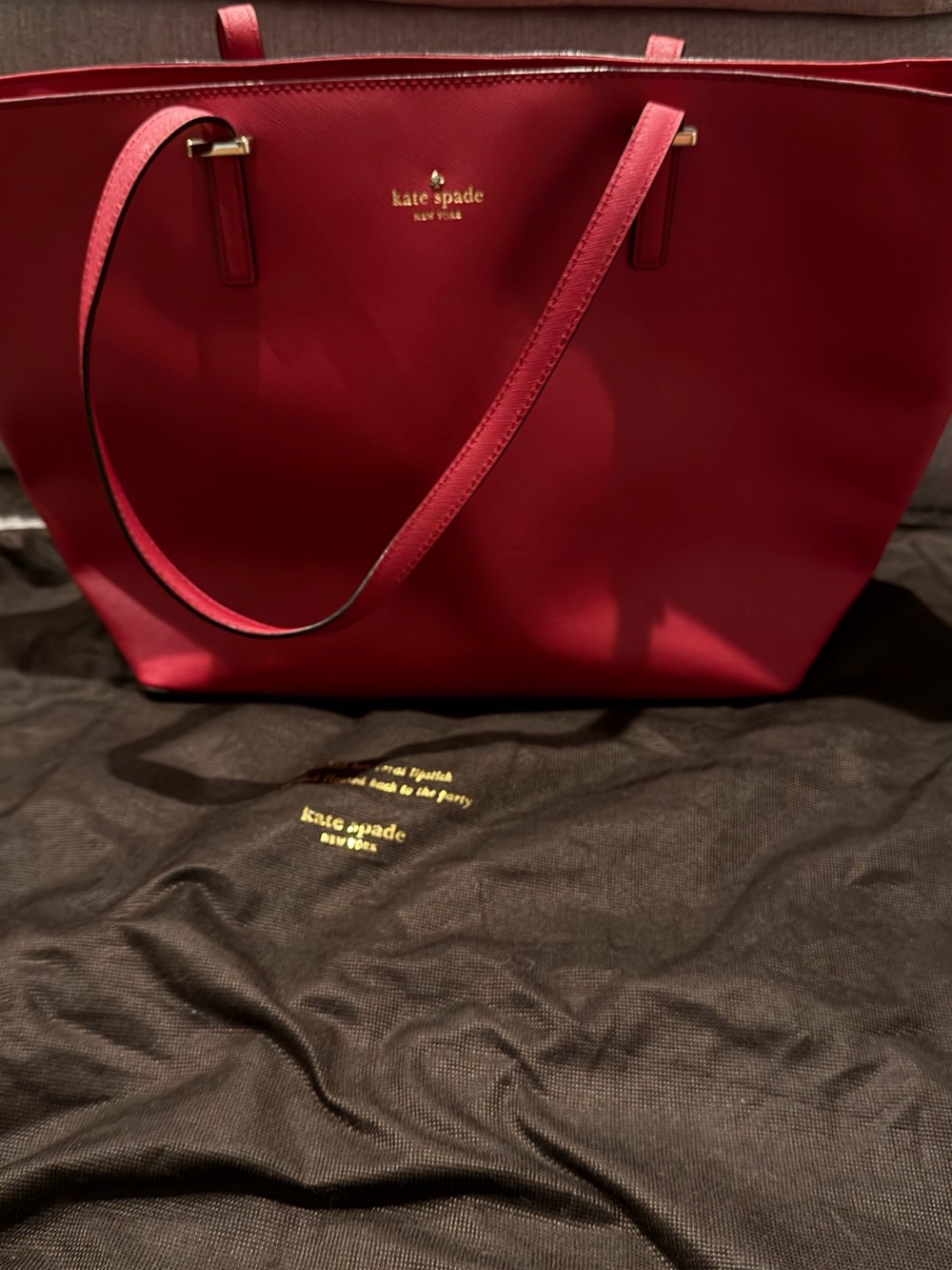 kate spade Pink-Red Leather Tote with Gold Logo